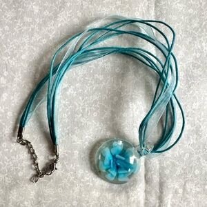 Floral Blue Glass Pendant Necklace